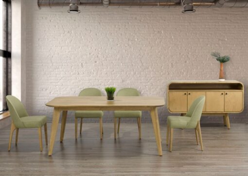 Karsjo wooden dining table, fabric chairs, and sideboard